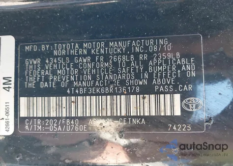 2011 Toyota Camry Le z USA, uszkodzony, nr VIN 4T4BF3EK6BR136178